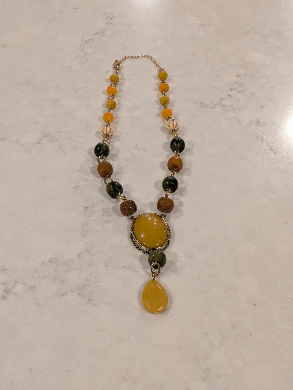 Handcrafted Yellow & Olive Beaded Pendant Necklace - Women Jewelry
